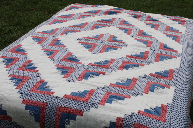 photo of vintage red white & blue patchwork quilts handmade log cabin pattern twin bed size pair  #6
