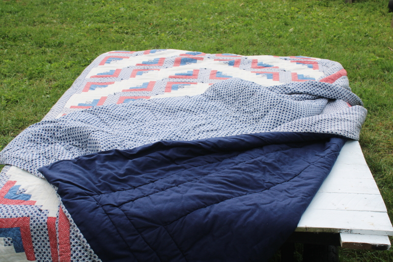 photo of vintage red white & blue patchwork quilts handmade log cabin pattern twin bed size pair  #7