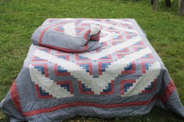vintage red white & blue patchwork quilts handmade log cabin pattern twin bed size pair 