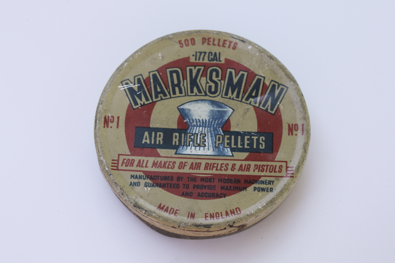 photo of vintage red white and blue tin w/ shooting target graphics Marksman brand pellets  #1