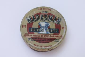 catalog photo of vintage red white and blue tin w/ shooting target graphics Marksman brand pellets 