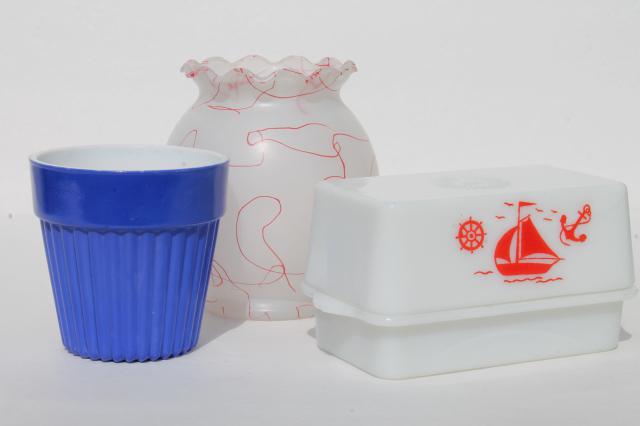 photo of vintage red, white & blue kitchenware - sailboat milk glass block butter dish, vase, planter #1