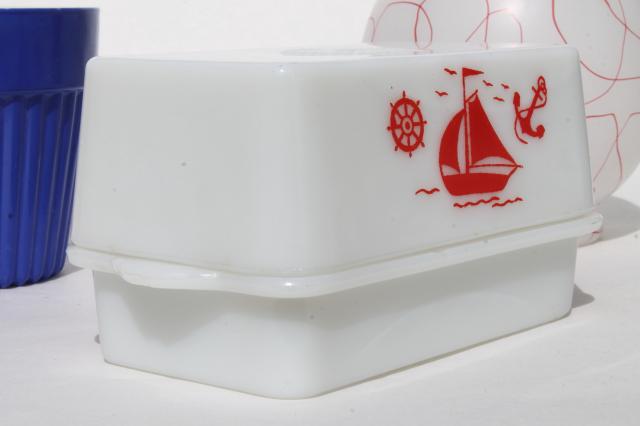 photo of vintage red, white & blue kitchenware - sailboat milk glass block butter dish, vase, planter #7