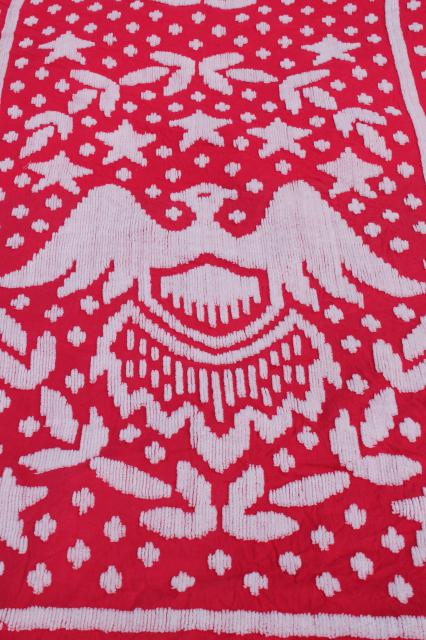 photo of vintage red & white chenille bedspread, Early American Federal eagle & stars #4