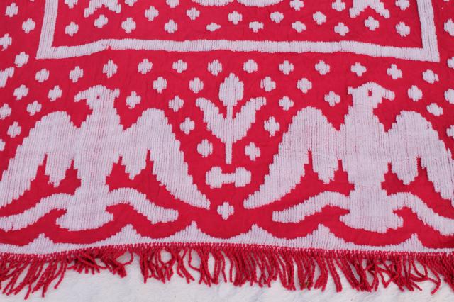 photo of vintage red & white chenille bedspread, Early American Federal eagle & stars #6