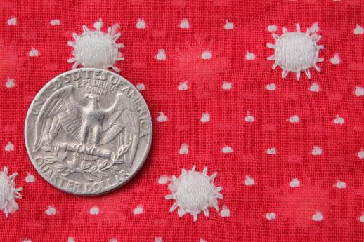 photo of vintage red & white dotted swiss fabric w/ embroidered daisies on sheer cotton #2