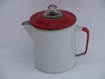 catalog photo of vintage red & white enamel coffee maker percolator, enamelware range pot