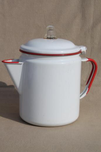 photo of vintage red & white enamelware coffee pot, red band enamel primitive farm kitchen cookware #1