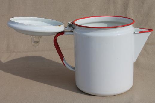 photo of vintage red & white enamelware coffee pot, red band enamel primitive farm kitchen cookware #3