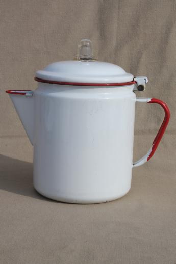 photo of vintage red & white enamelware coffee pot, red band enamel primitive farm kitchen cookware #5