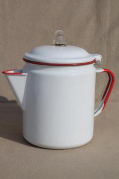 catalog photo of vintage red & white enamelware coffee pot, red band enamel primitive farm kitchen cookware