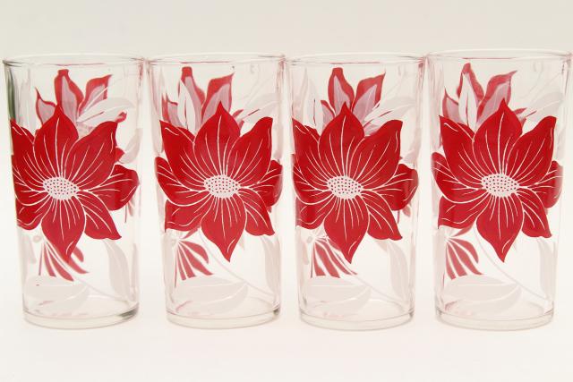 photo of vintage red & white flower print drinking glasses, holiday poinsettia swanky swig tumblers #3