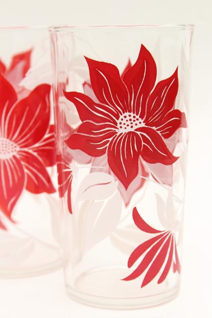 photo of vintage red & white flower print drinking glasses, holiday poinsettia swanky swig tumblers #5