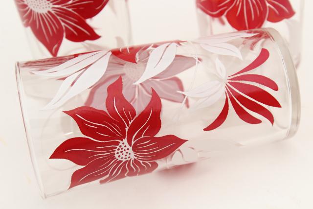 photo of vintage red & white flower print drinking glasses, holiday poinsettia swanky swig tumblers #6