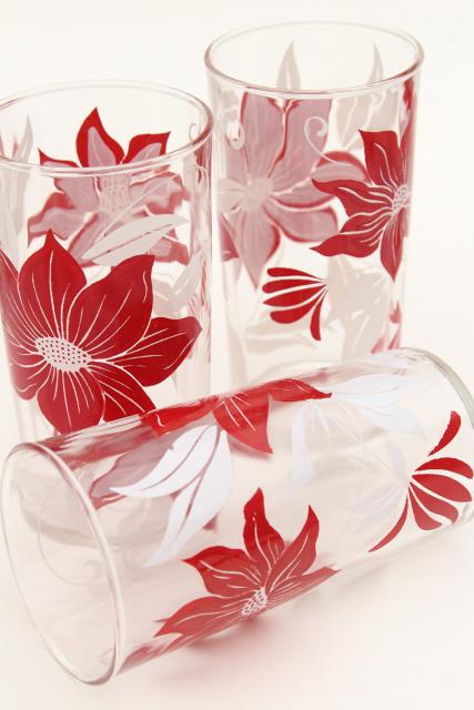 photo of vintage red & white flower print drinking glasses, holiday poinsettia swanky swig tumblers #8