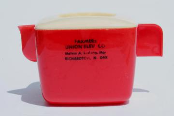 catalog photo of vintage red & white lustro ware plastic mini creamer w/ farm elevator advertising