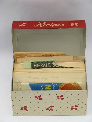 photo of vintage red / white metal litho recipe cards file box, kitchen recipes #2