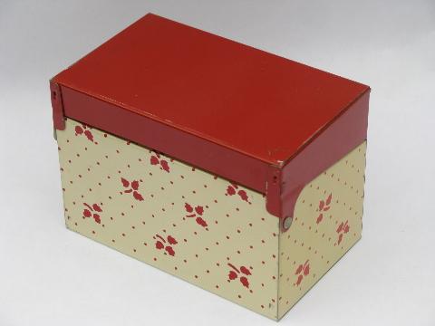 photo of vintage red / white metal litho recipe cards file box, kitchen recipes #3