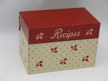 catalog photo of vintage red / white metal litho recipe cards file box, kitchen recipes