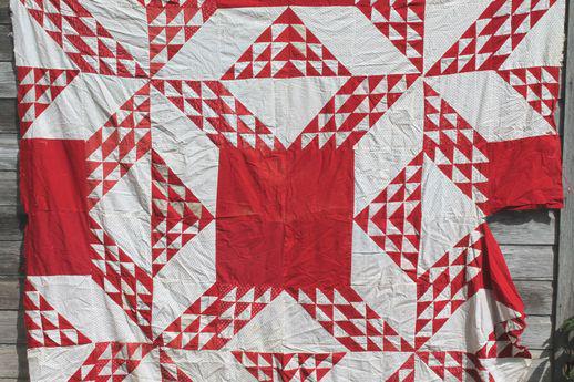 photo of vintage red & white patchwork pieced cotton quilt top #1