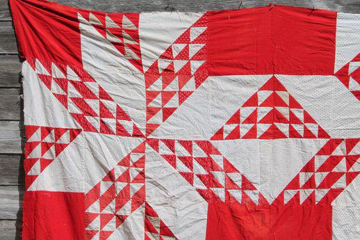 photo of vintage red & white patchwork pieced cotton quilt top #2