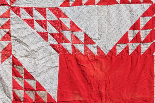 photo of vintage red & white patchwork pieced cotton quilt top #3