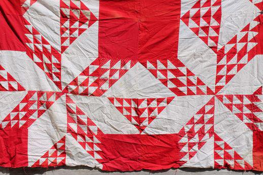 photo of vintage red & white patchwork pieced cotton quilt top #4