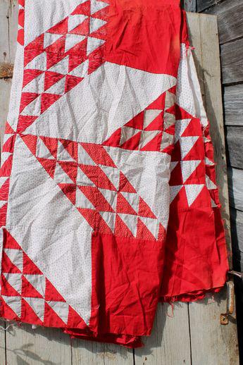 photo of vintage red & white patchwork pieced cotton quilt top #7