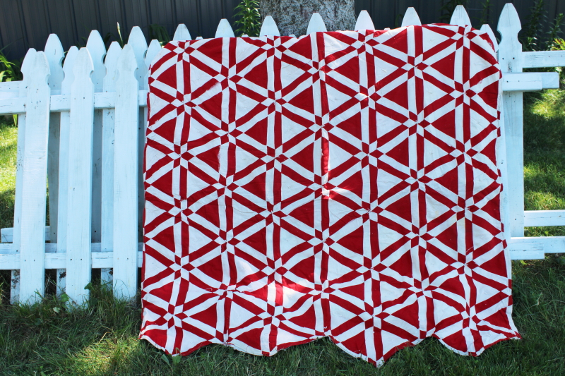 photo of vintage red & white patchwork quilt triangles & stars, shabby cutter feedsack fabric quilt #1