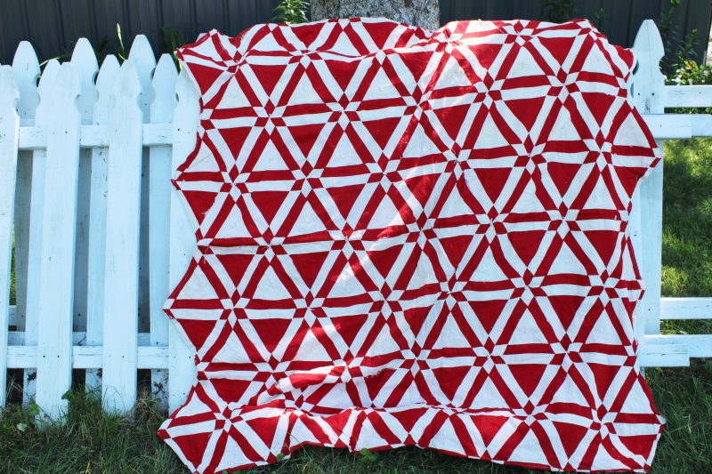 photo of vintage red & white patchwork quilt triangles & stars, shabby cutter feedsack fabric quilt #3