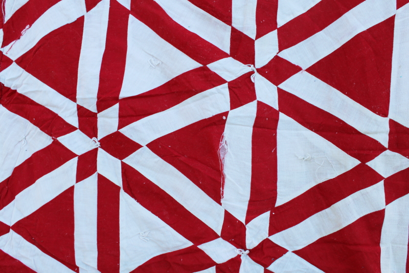 photo of vintage red & white patchwork quilt triangles & stars, shabby cutter feedsack fabric quilt #5