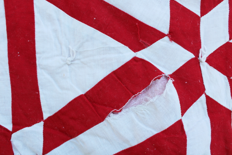 photo of vintage red & white patchwork quilt triangles & stars, shabby cutter feedsack fabric quilt #6