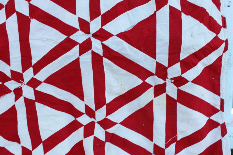 photo of vintage red & white patchwork quilt triangles & stars, shabby cutter feedsack fabric quilt #8