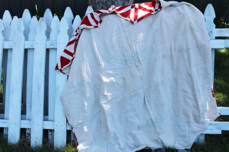 photo of vintage red & white patchwork quilt triangles & stars, shabby cutter feedsack fabric quilt #9