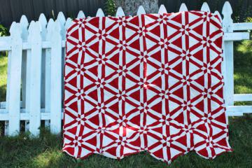 vintage red & white patchwork quilt triangles & stars, shabby cutter feedsack fabric quilt