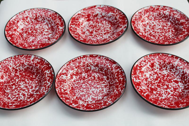 photo of vintage red & white splatterware enamel ware pasta / soup bowls or camp plates #1