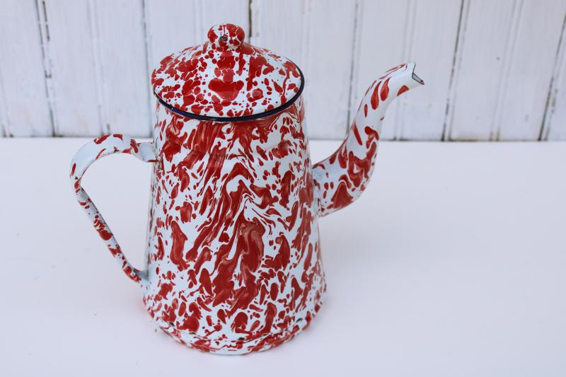 photo of vintage red & white splatterware enamelware coffee pot for camp or country kitchen #3