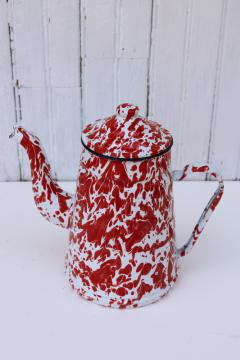 catalog photo of vintage red & white splatterware enamelware coffee pot for camp or country kitchen