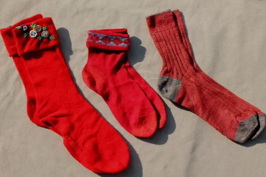 photo of vintage red wool boot socks & anklets, swiss style hiking socks w/ embroidered flowers #1