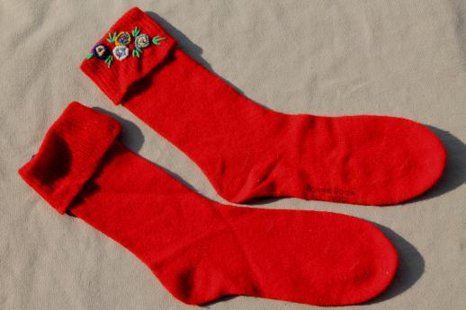 photo of vintage red wool boot socks & anklets, swiss style hiking socks w/ embroidered flowers #2