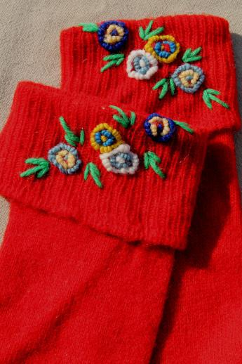 photo of vintage red wool boot socks & anklets, swiss style hiking socks w/ embroidered flowers #3