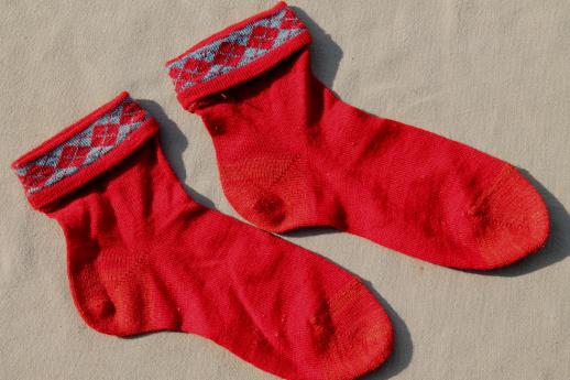 photo of vintage red wool boot socks & anklets, swiss style hiking socks w/ embroidered flowers #4