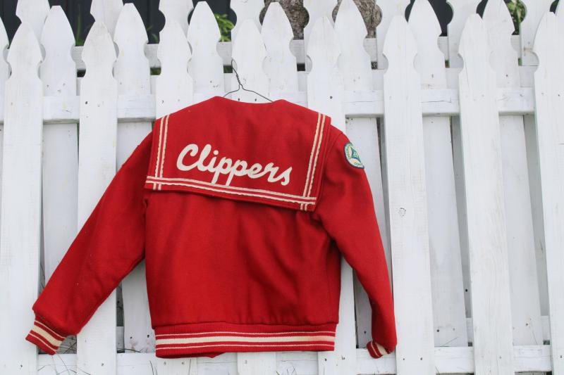 photo of vintage red wool varsity letter jacket embroidered Kathy cheerleader squad patch #1