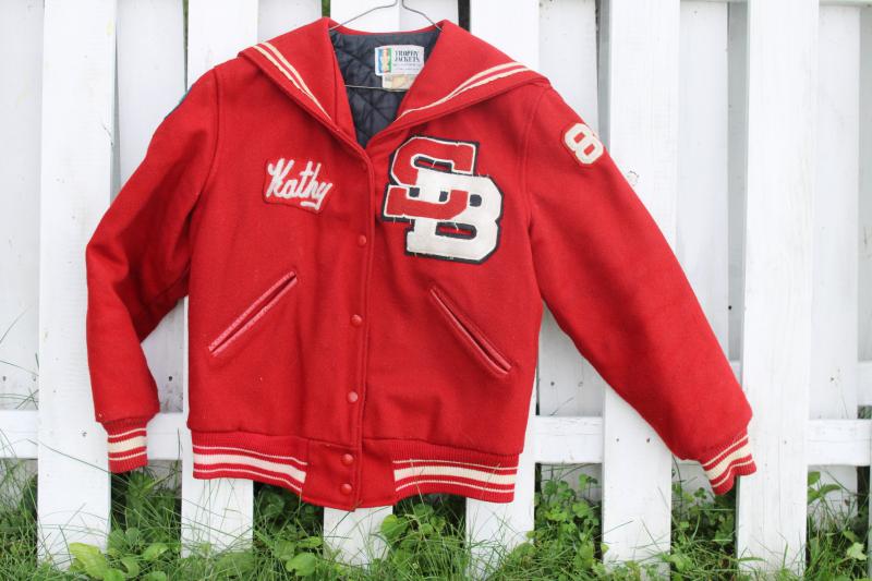 photo of vintage red wool varsity letter jacket embroidered Kathy cheerleader squad patch #3