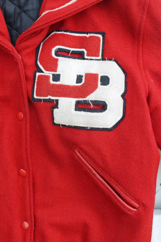 photo of vintage red wool varsity letter jacket embroidered Kathy cheerleader squad patch #4