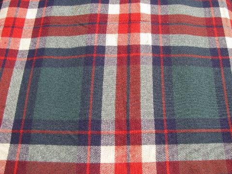 photo of vintage red/green/navy plaid pure wool camp blanket, fringed throw #2