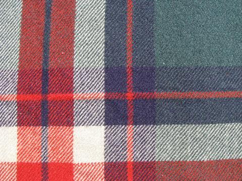 photo of vintage red/green/navy plaid pure wool camp blanket, fringed throw #3