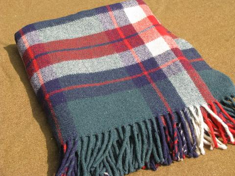 photo of vintage red/green/navy plaid pure wool camp blanket, fringed throw #4