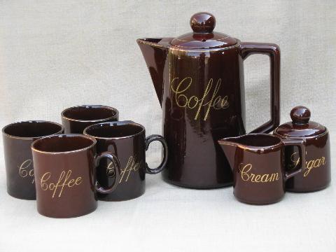 photo of vintage redware pottery coffee set - coffeepot, cups, cream and sugar #1