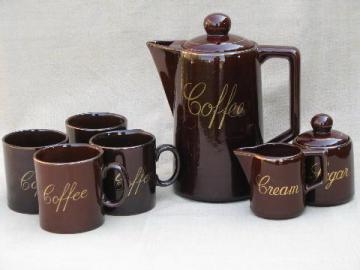 catalog photo of vintage redware pottery coffee set - coffeepot, cups, cream and sugar